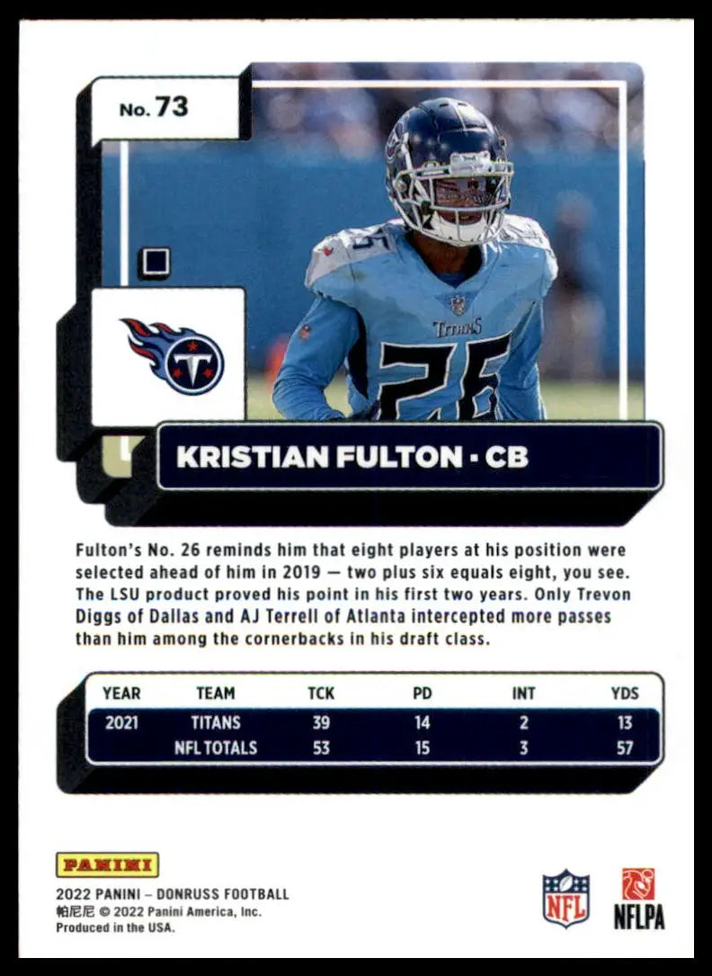 Kristian Fulton football card from 2022 Donruss Tennessee Titans collectible