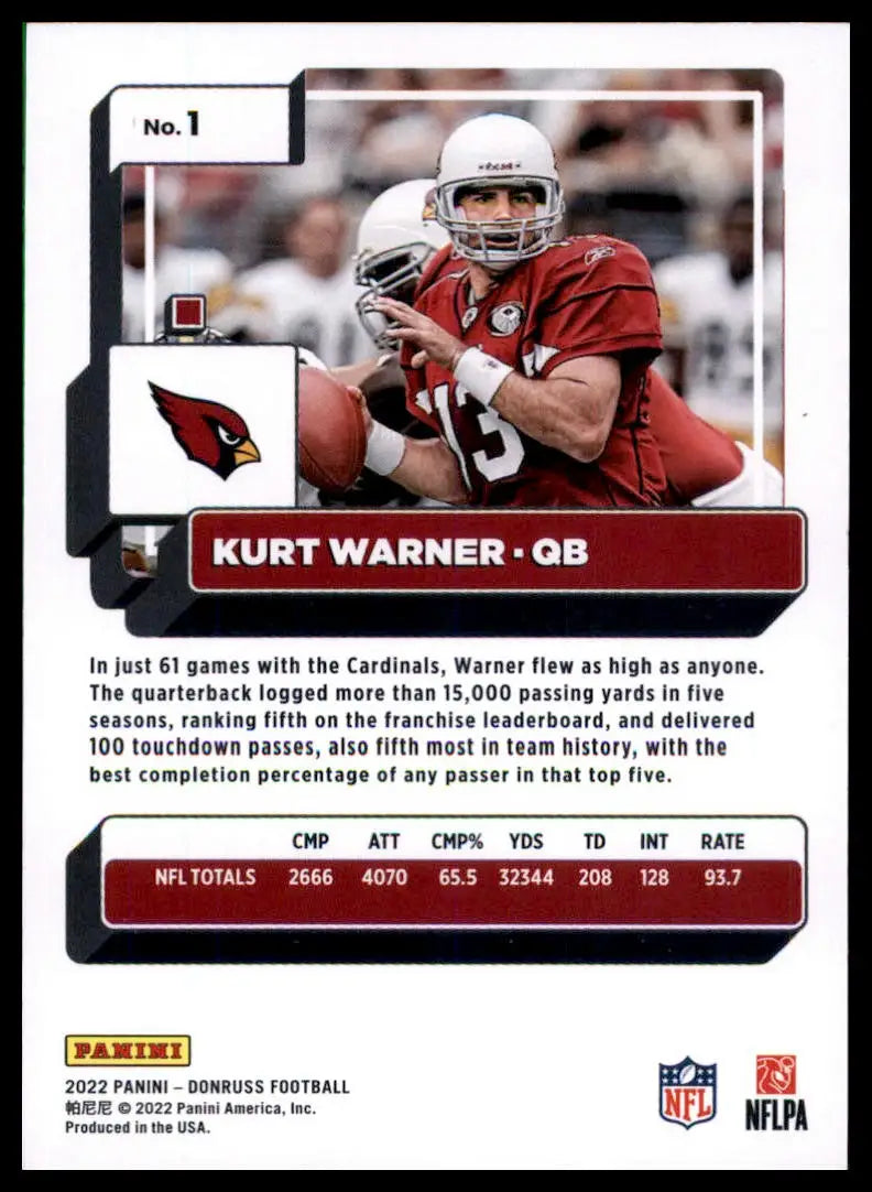Kurt Warner football card from 2022 Donruss series featuring Arizona Cardinals player