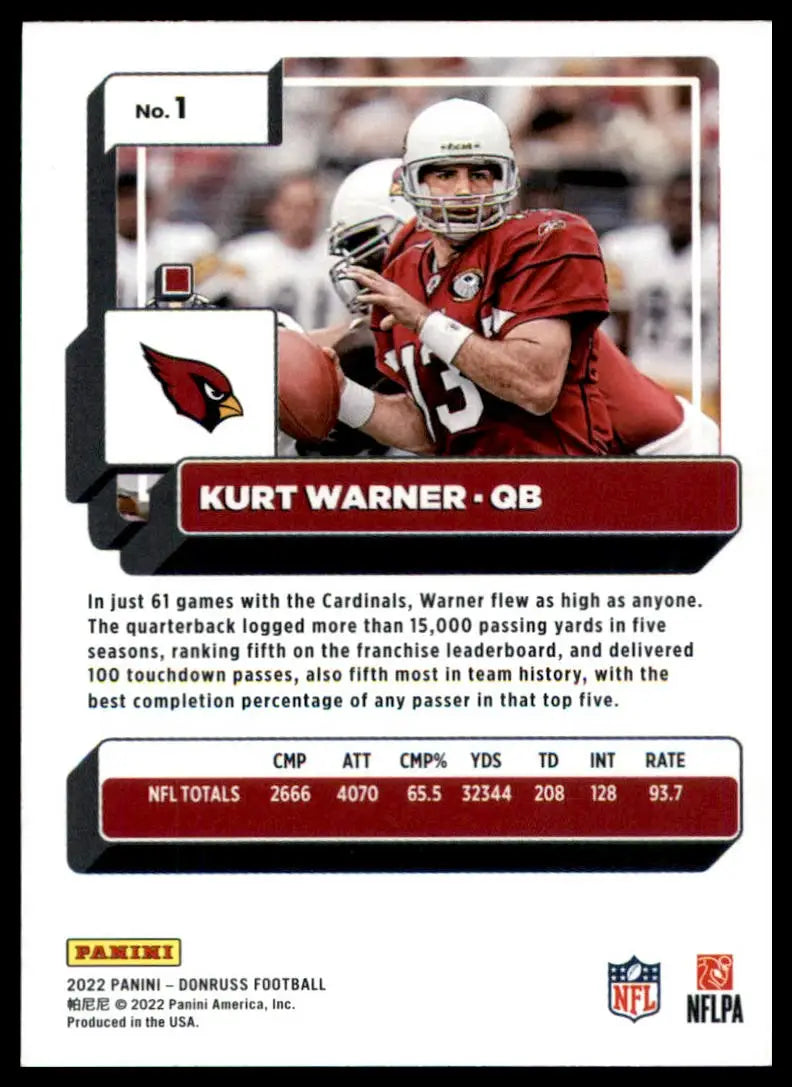 Kurt Warner football card from the 2022 Donruss Arizona Cardinals series