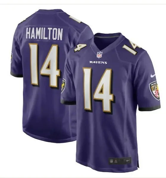Purple Baltimore Ravens Kyle Hamilton football jersey with number 14 and HAMILTON on back