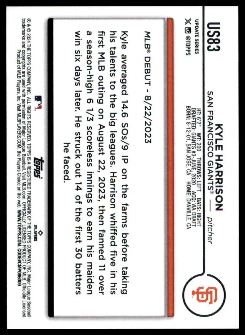 Kyle Harrison baseball card from Topps Update 2024 San Francisco Giants series