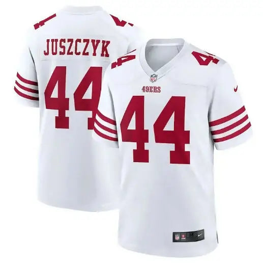 White San Francisco 49ers Kyle Juszczyk football jersey with red number 44 on back