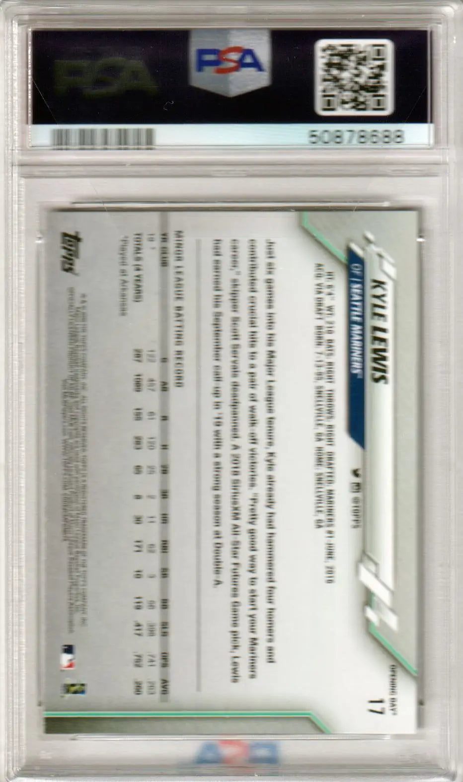 Graded Kyle Lewis 2020 Topps Opening Day RC baseball card from Columbia Hobby
