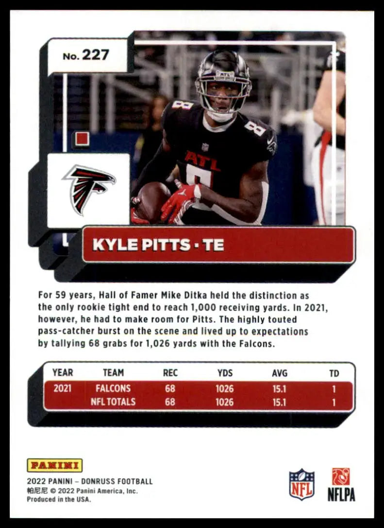 Football trading card featuring Kyle Pitts from 2022 Donruss Atlanta Falcons product