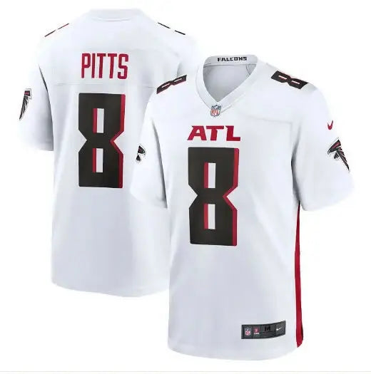 White Atlanta Falcons Kyle Pitts Nike Game Jersey displayed in a product image