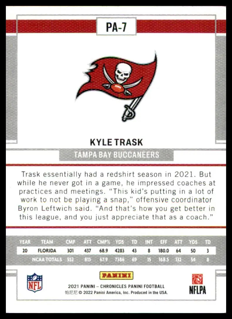 Kyle Trask football card from Panini Chronicles 2021 Tampa Bay Buccaneers collection
