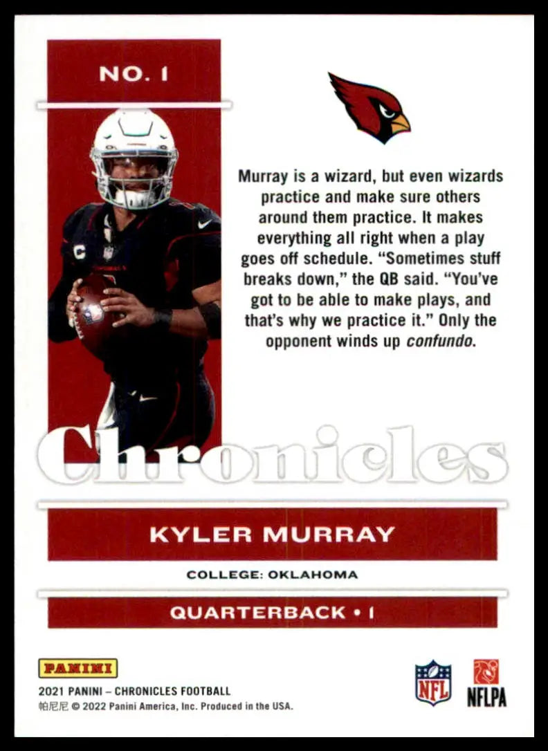 Kyler Murray football card from Panini Chronicles 2021 Arizona Cardinals collection