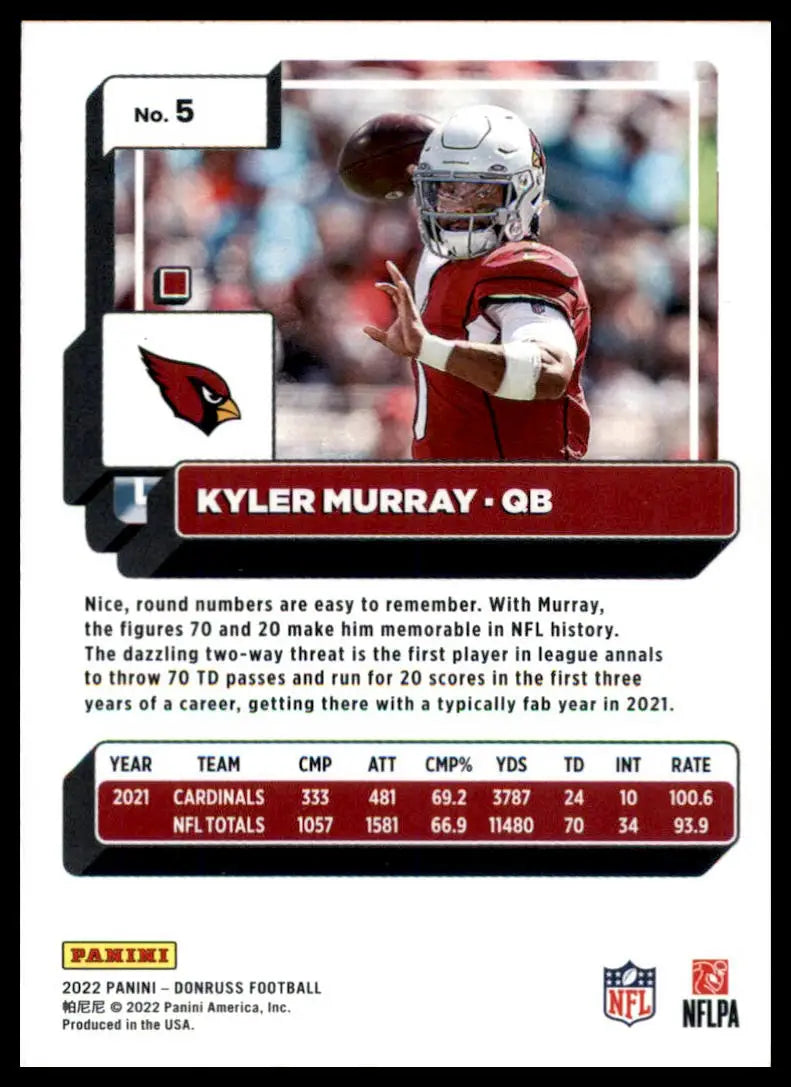 Kyler Murray football card from 2022 Donruss Arizona Cardinals product