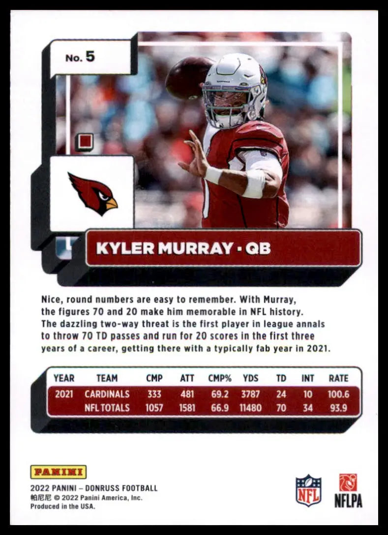 Kyler Murray football card from 2022 Donruss Arizona Cardinals collection
