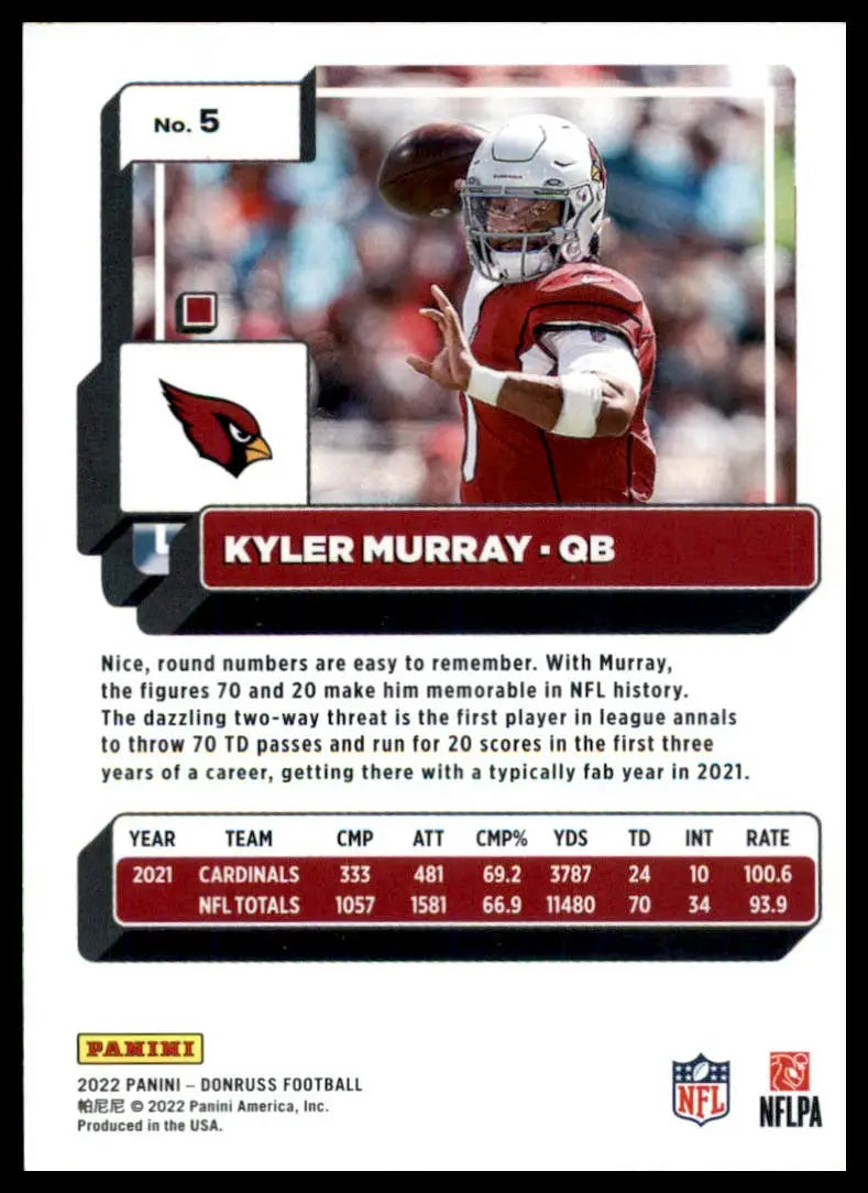 Kyler Murray football card from 2022 Donruss Arizona Cardinals product