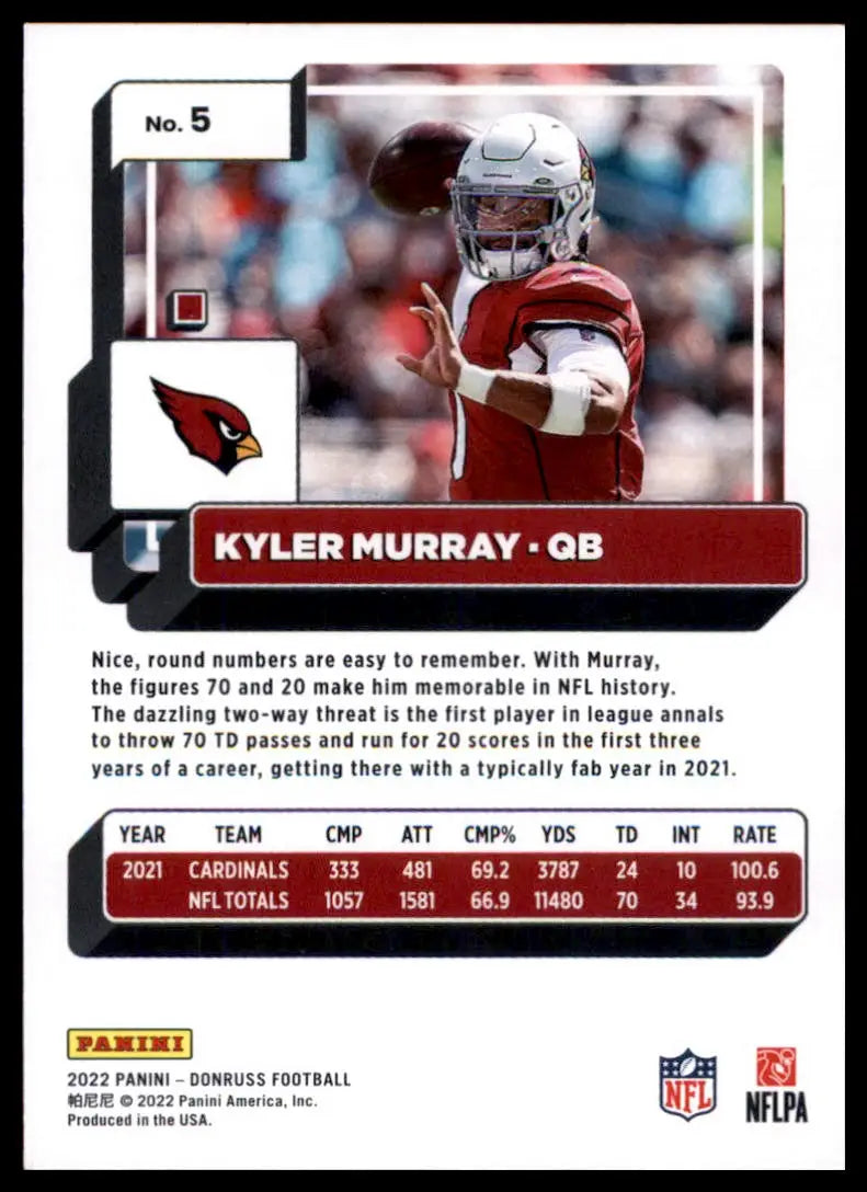 Kyler Murray football card from the 2022 Donruss Arizona Cardinals collection
