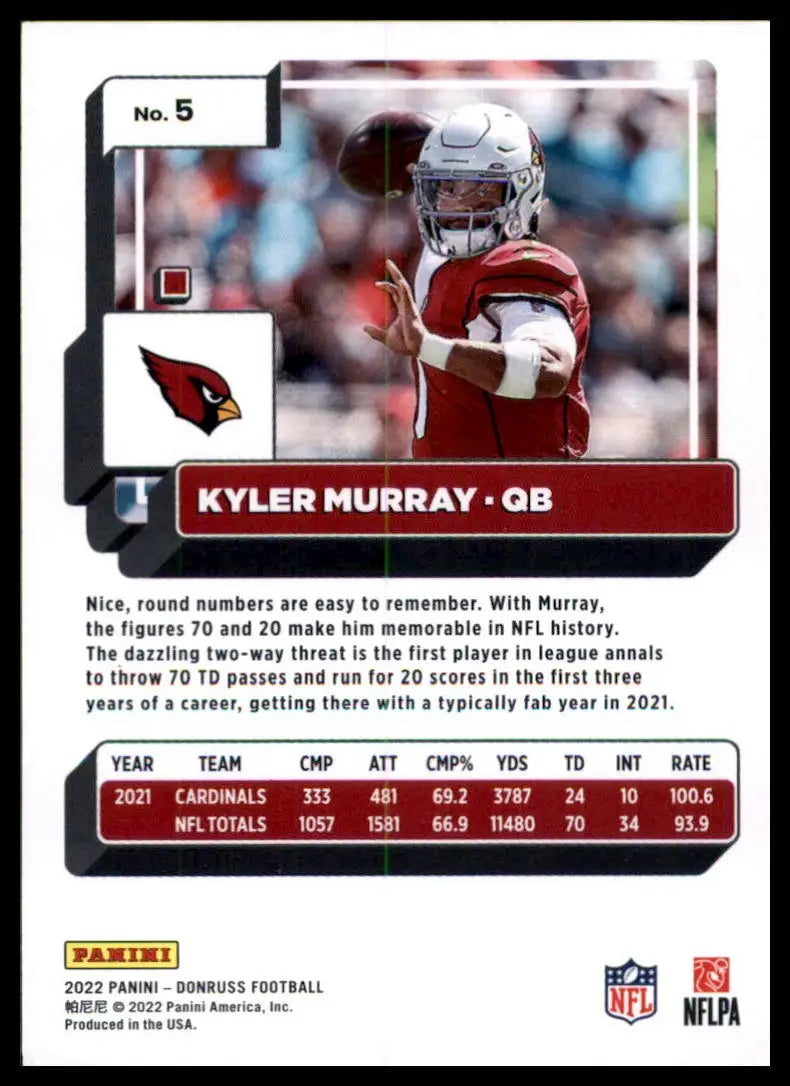 Kyler Murray football card from 2022 Donruss Arizona Cardinals collection