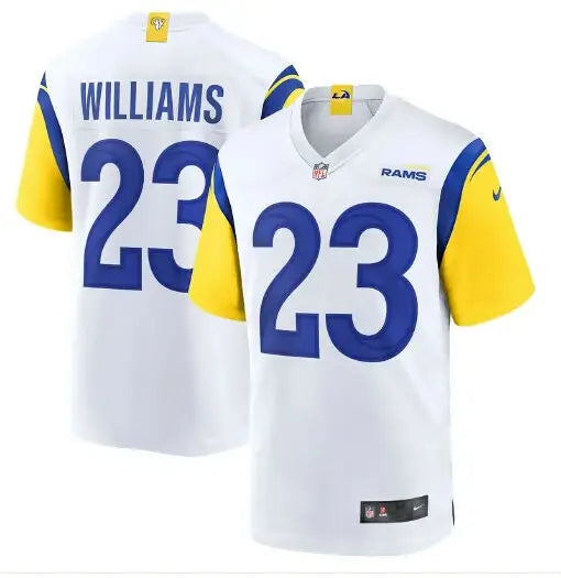 White and blue Los Angeles Rams Kyren Williams football jersey with yellow sleeves and number 23