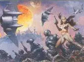 Fantastical battle scene with winged creatures and spacecraft on L Ron Hubbard promo card