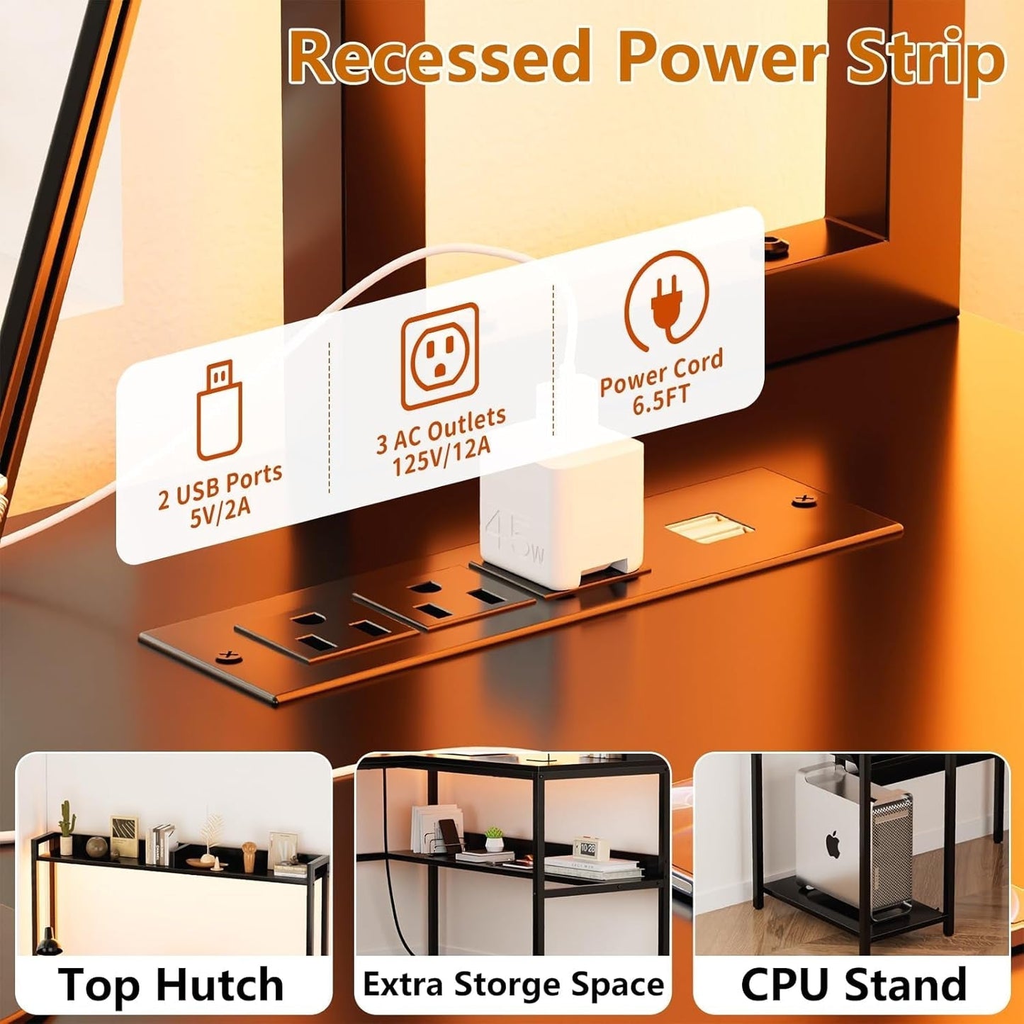 L Shaped Computer Desk with Hutch and Storage Shelves, Gaming Desk with LED Lights, Reversible L-Shaped Desk with Power Outlets, Home Office Desk, Corner Desk, Black-4