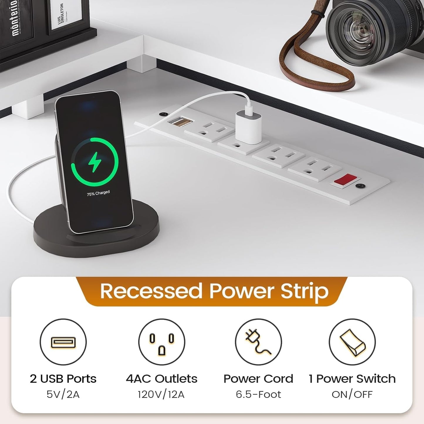 L Shaped Desk with 6 Drawer, 108" Home Office Desk with File Drawer & Power Outlet, Corner Computer Desk with Monitor Shelf, File Cabinet, Two Person Desk, Gaming Desk with Led Lights, White-4