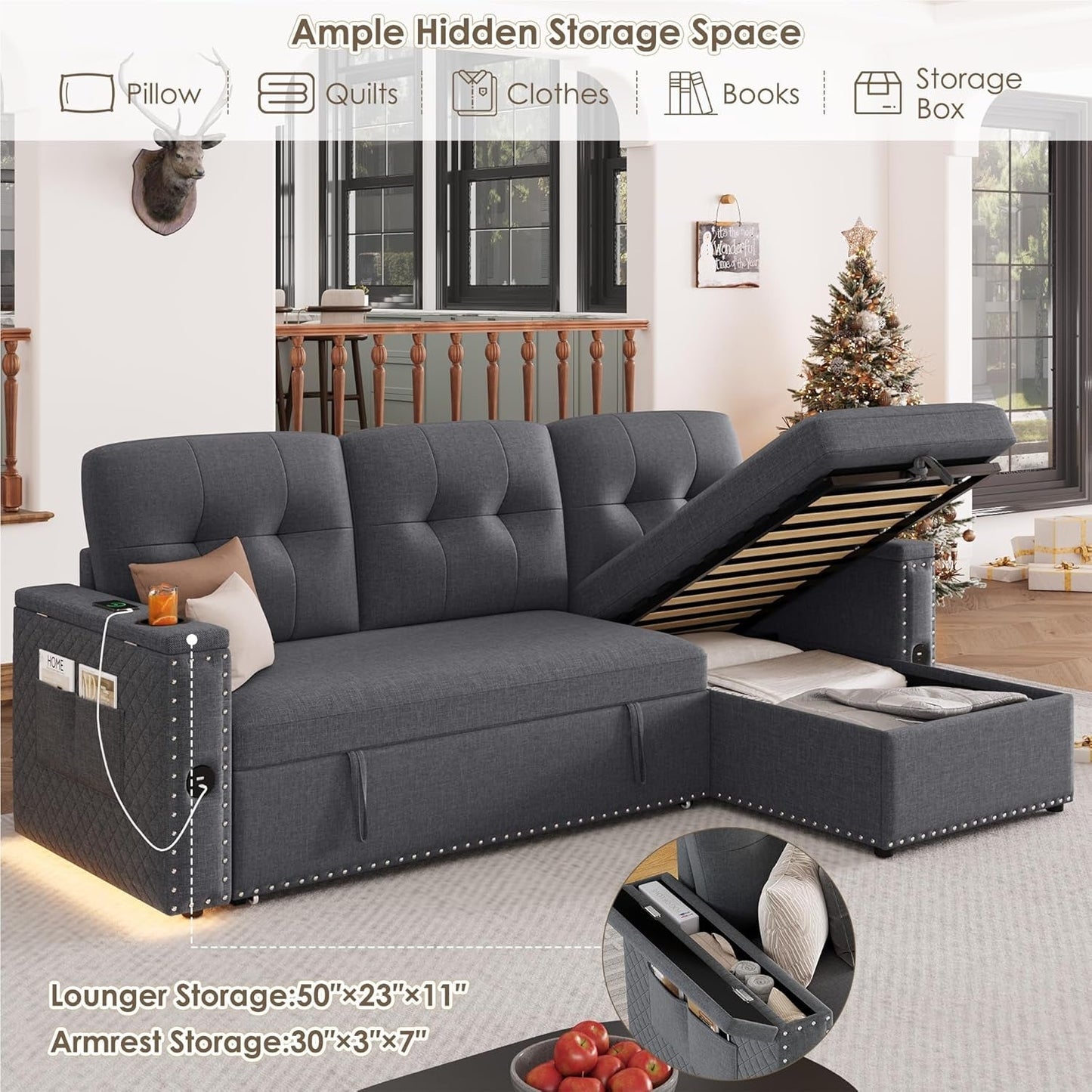 L Shaped Sleeper Sofa Bed with Storage and USB Port-4