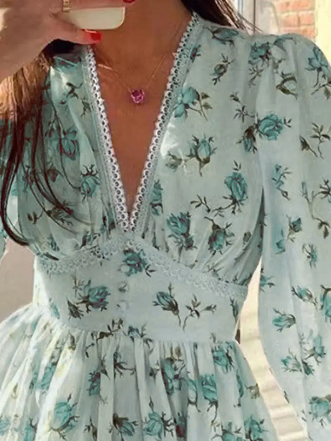 Lace Detail V-Neck Balloon Sleeve Dress - dress