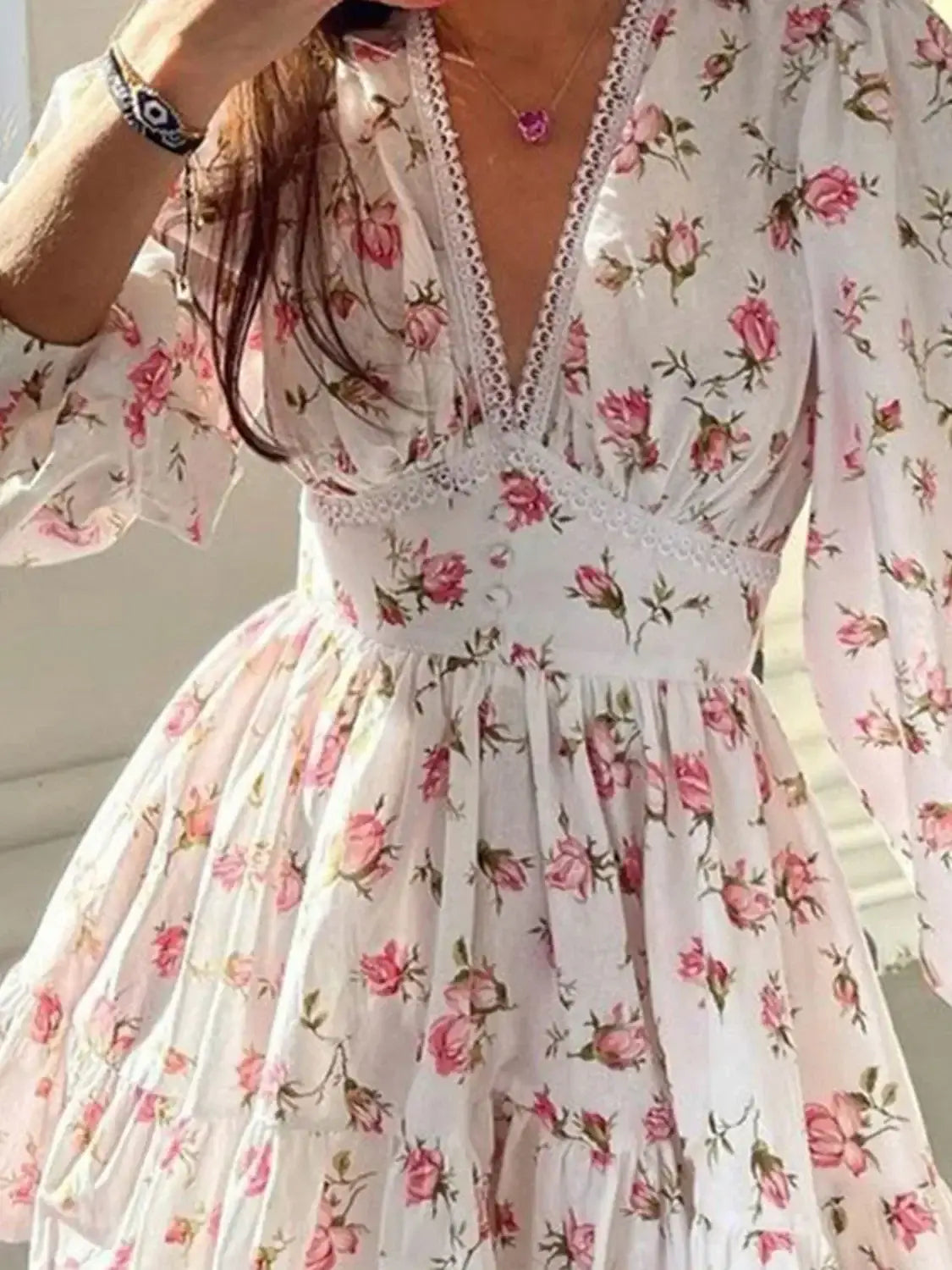 Lace Detail V-Neck Balloon Sleeve Dress - dress