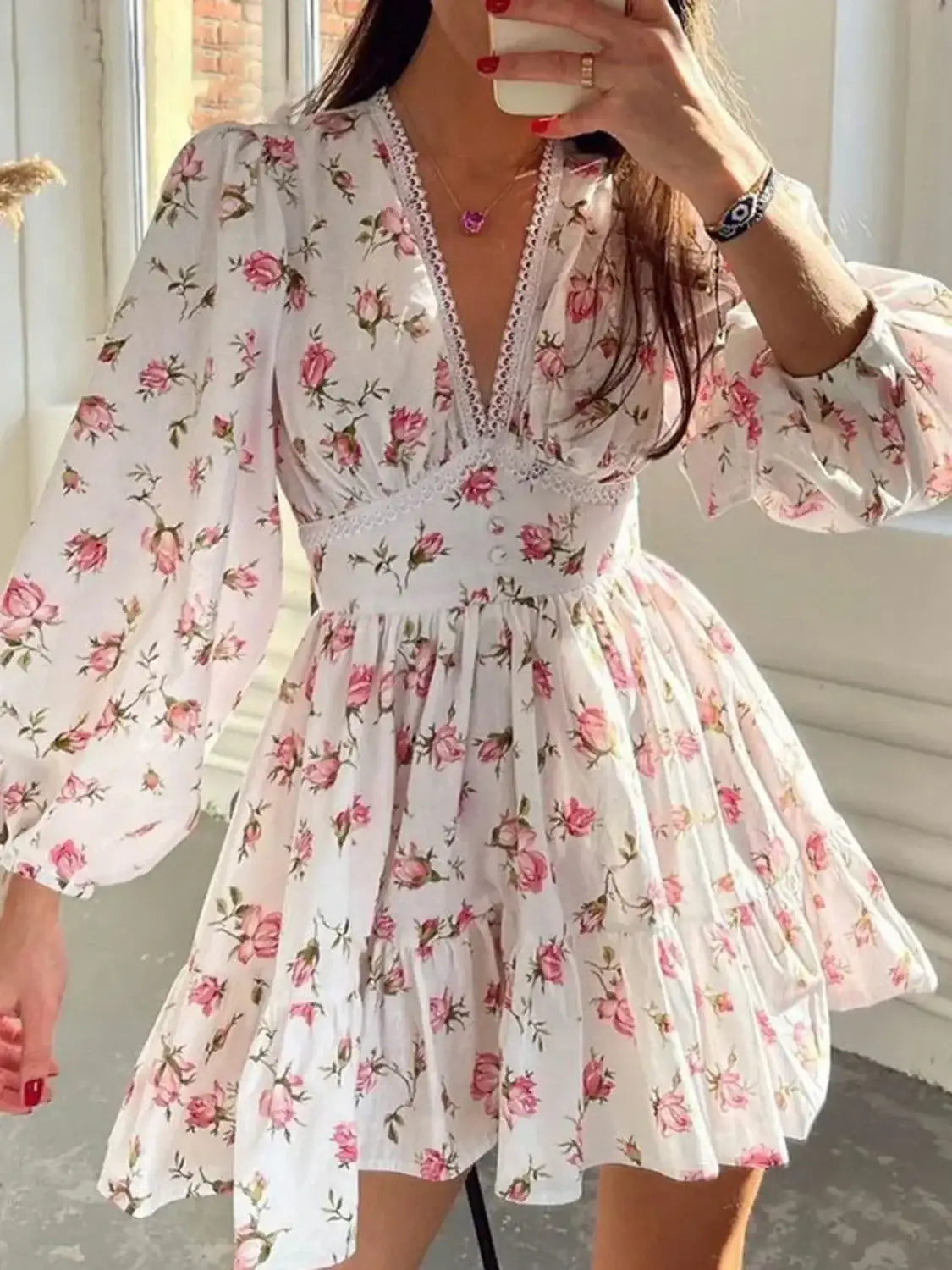 Lace Detail V-Neck Balloon Sleeve Dress - dress