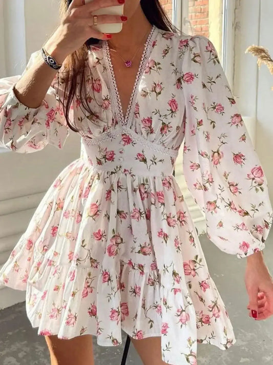 Lace Detail V-Neck Balloon Sleeve Dress - Blush Pink / S - dress