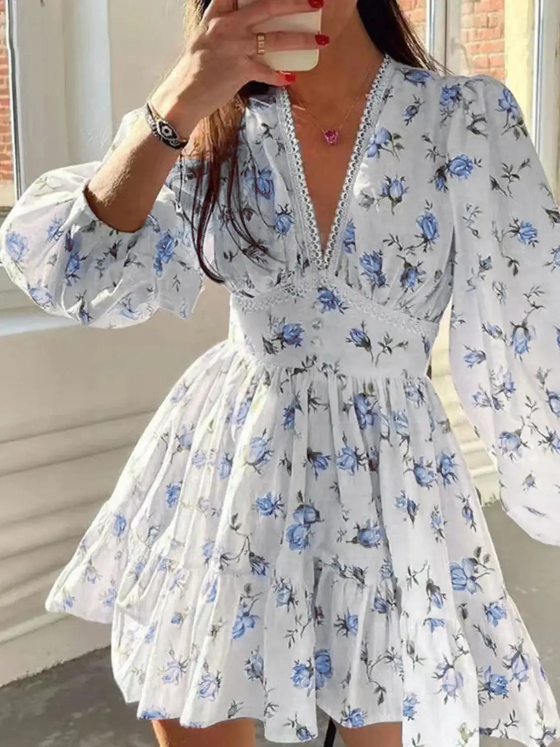 Lace Detail V-Neck Balloon Sleeve Dress - Light Blue / S - dress