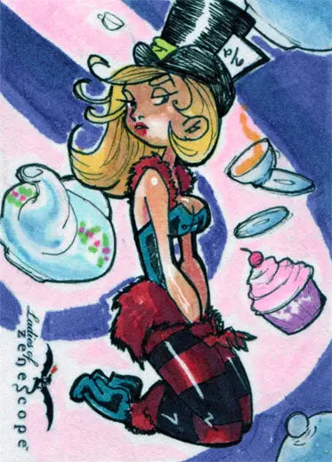 Cartoon woman in top hat and colorful outfit on Melanie Coutavas sketch card design