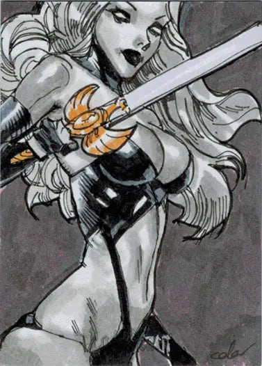 Stylized drawing of a warrior woman on a Lady Death Goddess sketch card