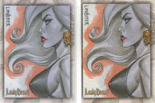 Stylized portrait of Lady Death Goddess with flowing hair and red lips on orange background