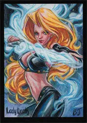 Stylized portrait of a woman with blonde hair in blue energy on Lady Death Chase Card
