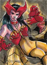 Stylized devilish female character illustration on Hanie Mohd Sketch Card trading card
