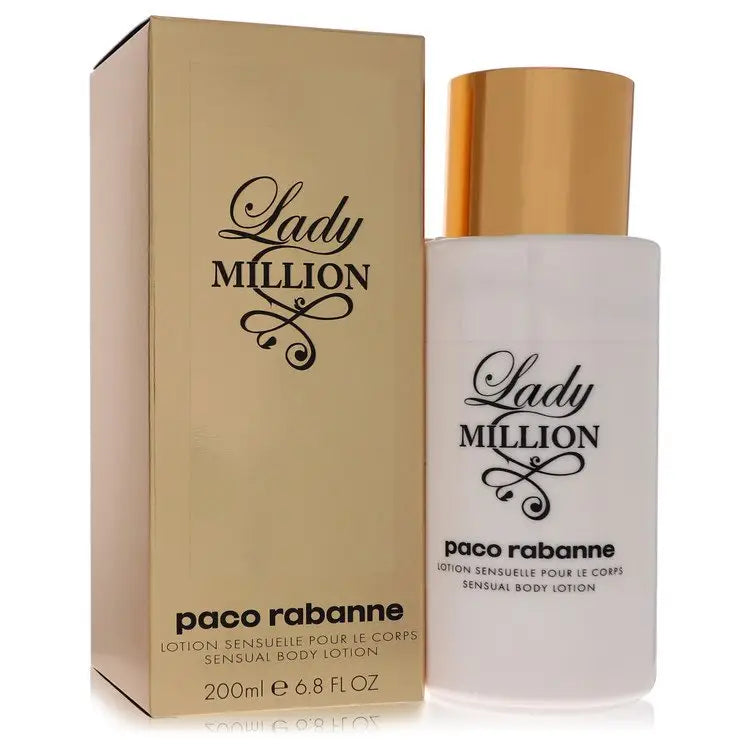 Paco Rabanne Lady Million Sensual Body Lotion in gold box with white bottle featuring orange blossom
