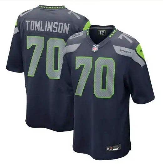 Dark blue and neon green football jersey with number 70 from Laken Tomlinson Seattle Seahawks Nike Game Jersey