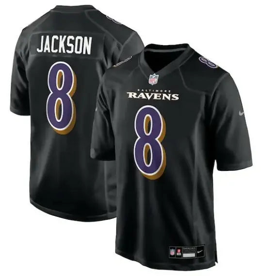 Black Lamar Jackson Baltimore Ravens Nike Game Jersey with number 8 and Jackson on back