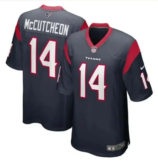 Dark blue Houston Texans Nike game jersey with McCutcheon 14 in white with red trim