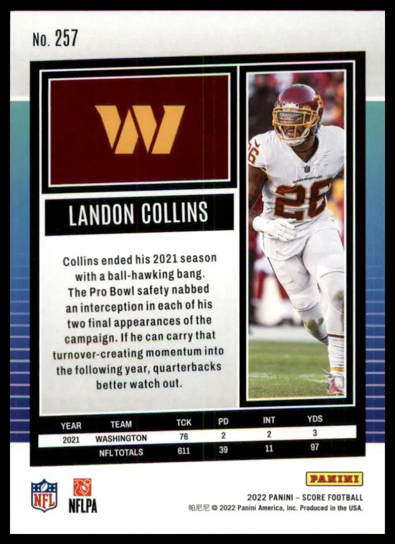 Landon Collins football card from 2022 Score series featuring Washington Commanders player