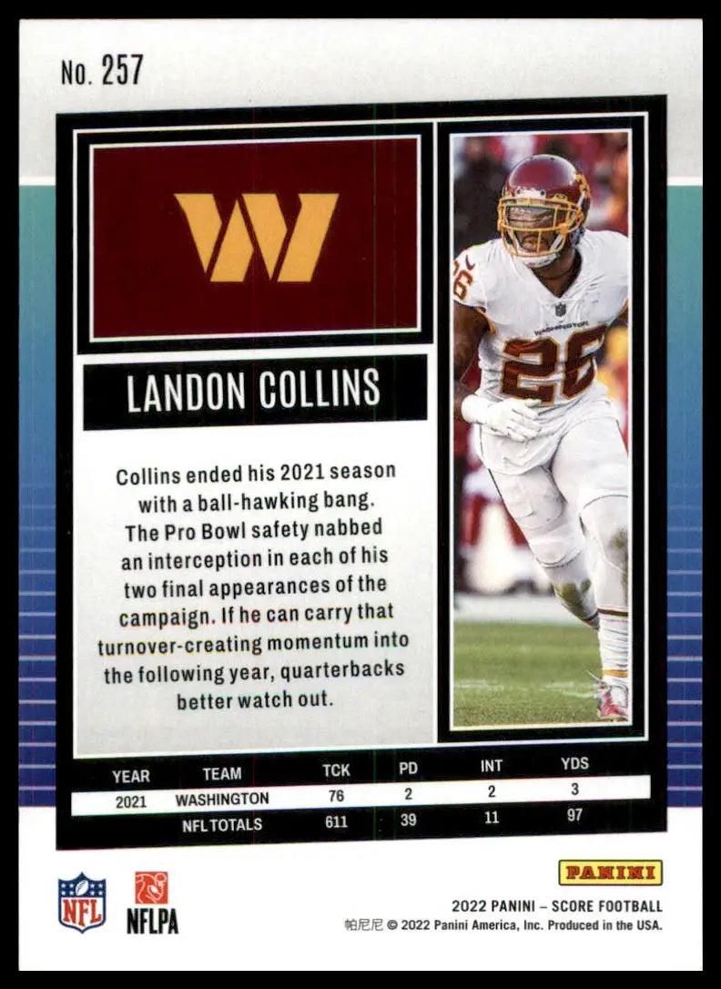 Landon Collins football card from 2022 Score series featuring Washington Commanders