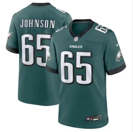 Green Lane Johnson Eagles Nike game jersey featuring number 65 for Philadelphia Eagles