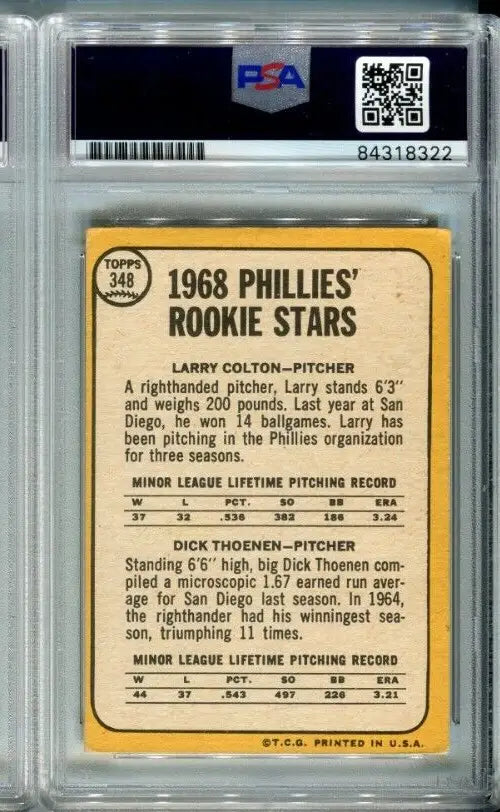 Graded 1968 Phillies Rookie Stars card featuring Larry Colton and Dick Thoenen PSA/DNA