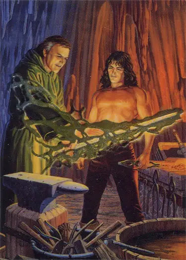 Two figures examine a sword in a firelit scene from Metallic Storm Chase card