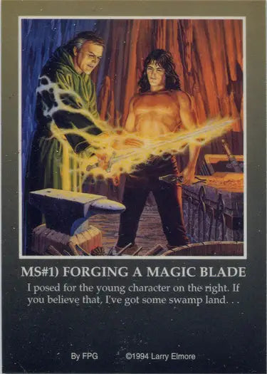 Trading card featuring fantasy figures forging a magical sword from Metallic Storm Chase