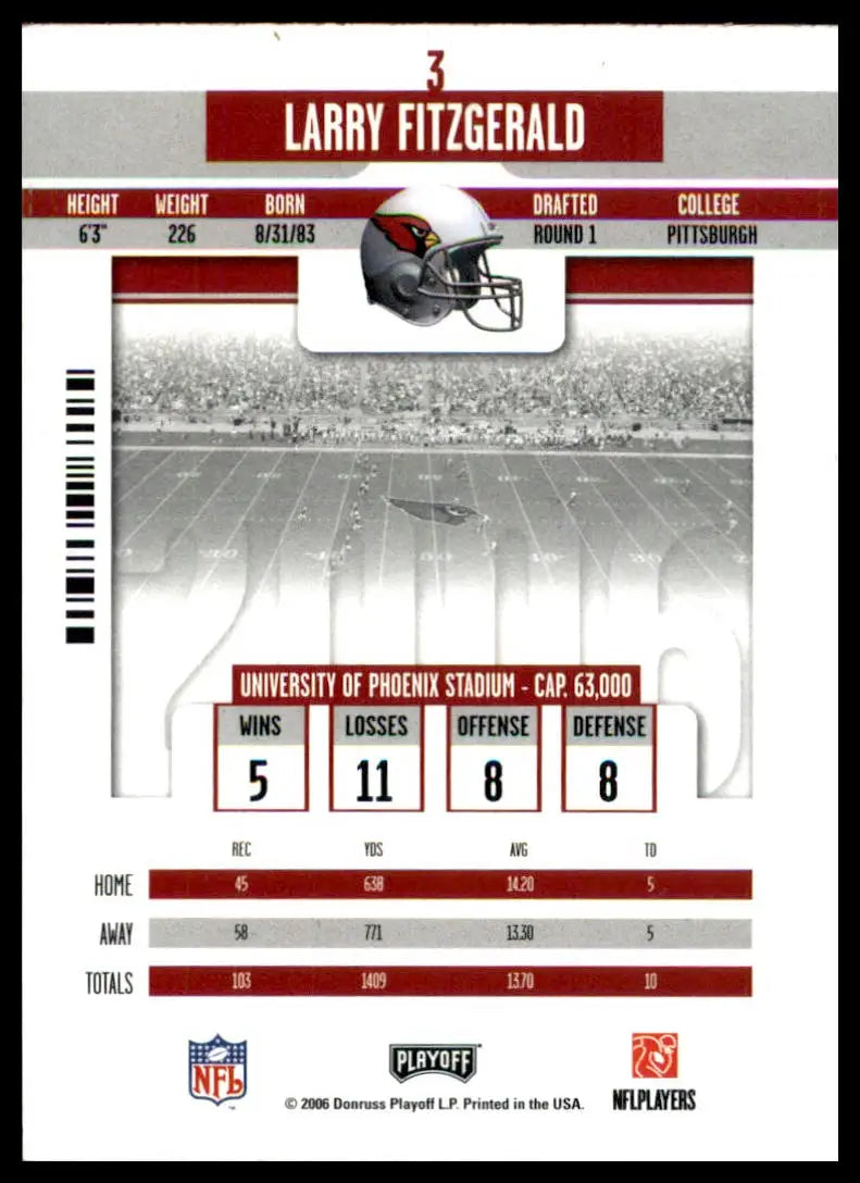 Larry Fitzgerald football card from 2006 Playoff Contenders series featuring Arizona Cardinals