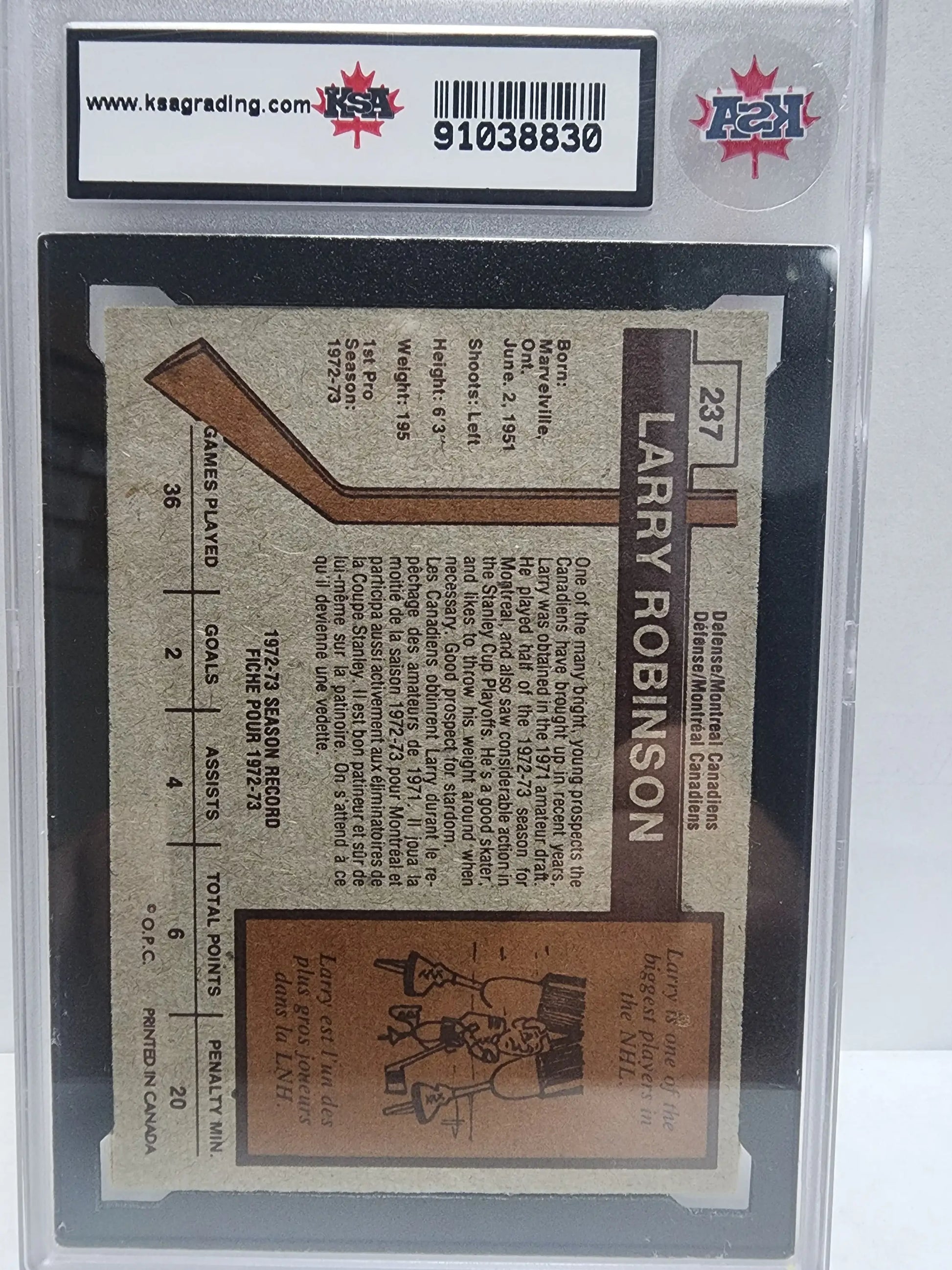 Back side of Larry Robinson 1973 O-Pee-Chee trading card in protective case