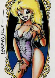 Cartoon illustration of a blonde woman in purple on Larry Welz Autograph Card 2012