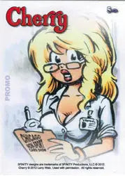 Cartoon blonde nurse in uniform on Larry Welz Cherry Chicago 2012 promo card design