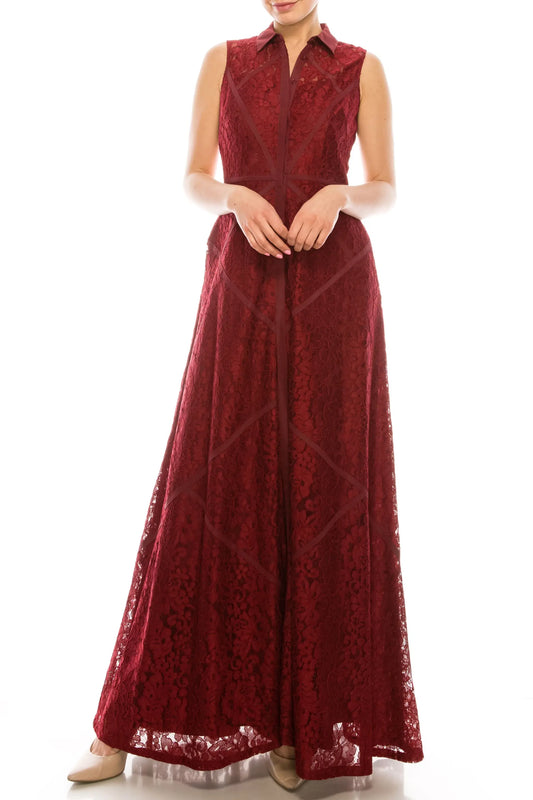 Wine red Aidan Mattox sleeveless lace dress with collared long A-line skirt