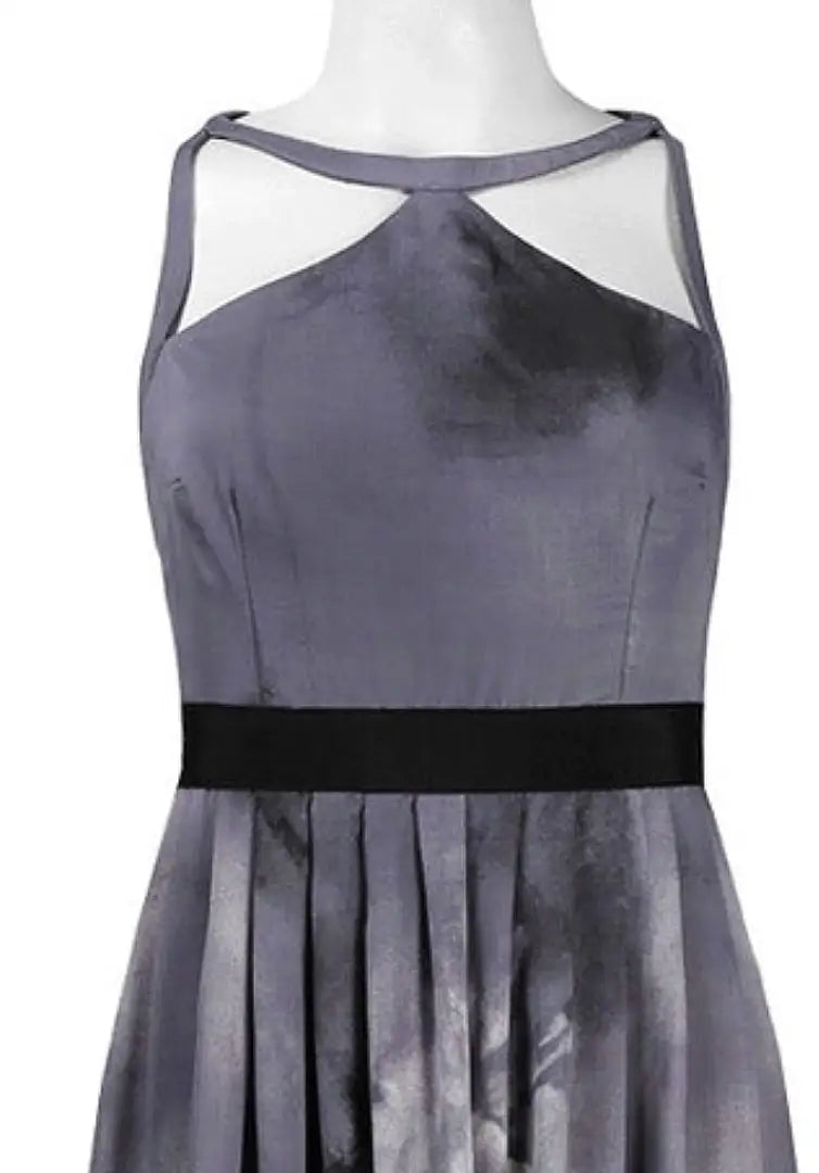 Mannequin wearing gray sleeveless chiffon maxi dress with black waistband and cutout neckline