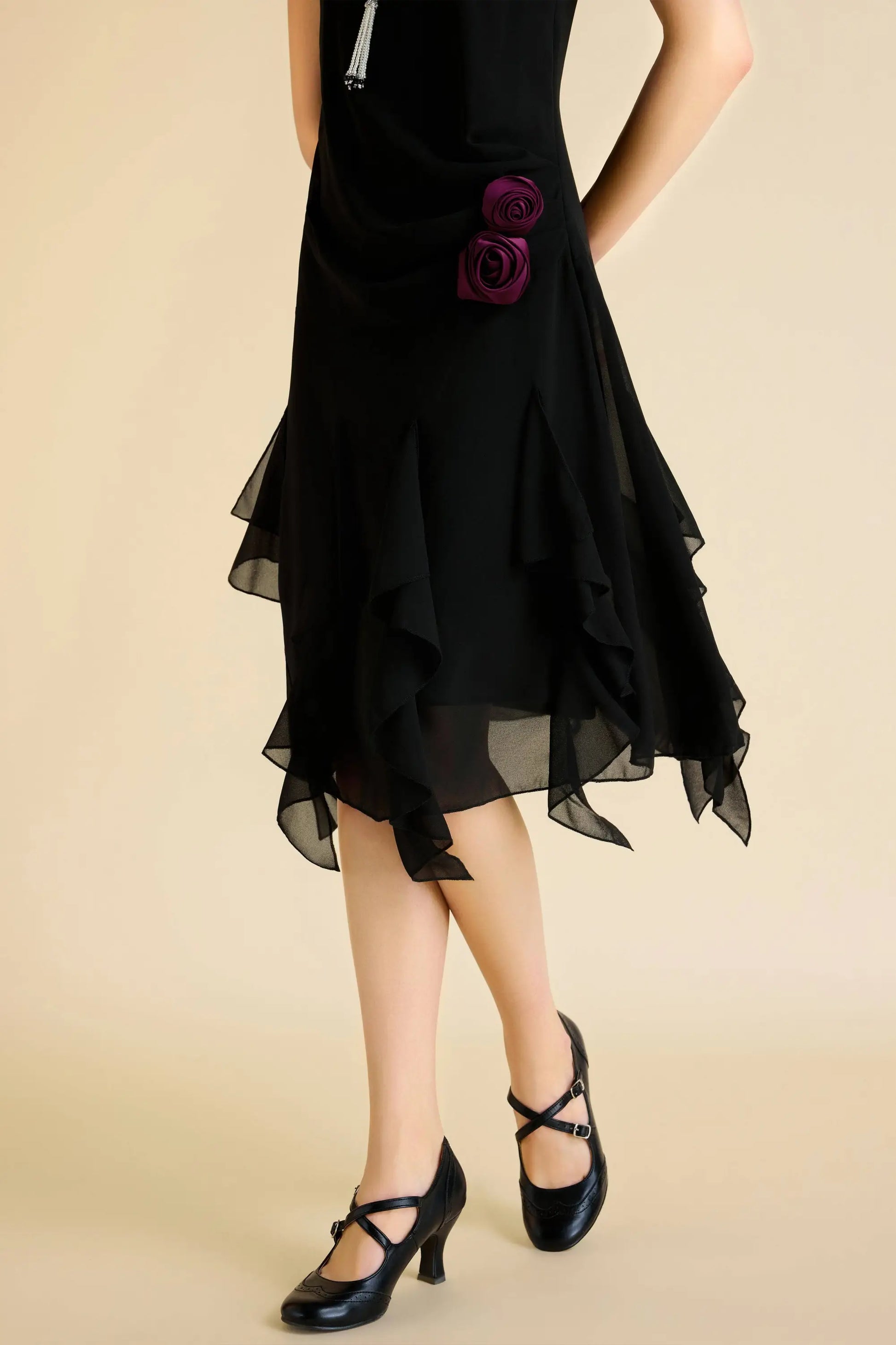Black Gatsby floral ruffled tiered day dress with red floral appliques