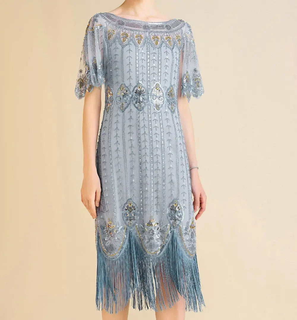Sky blue beaded sequined flapper dress with fringe hem for cocktail occasions