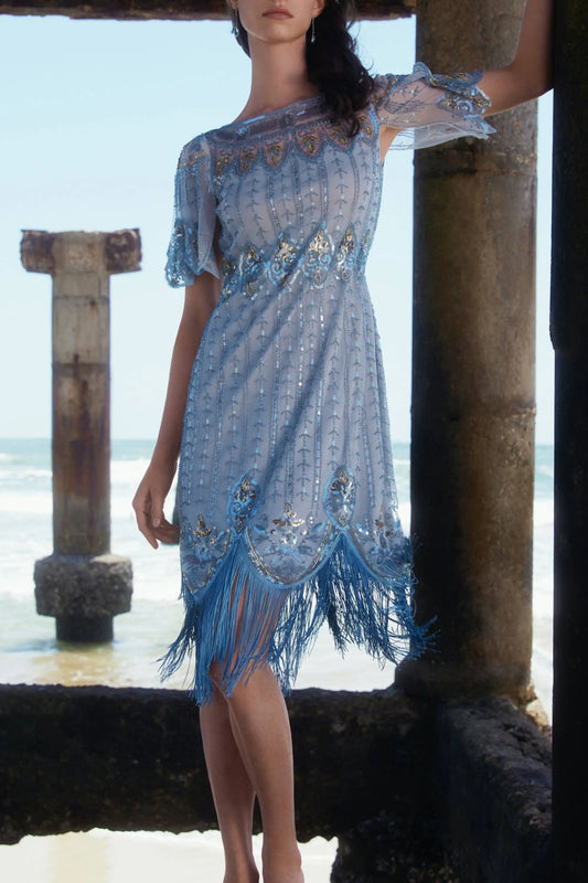 Sky blue beaded fringed cocktail dress with flapper style for sizes 6/8/10